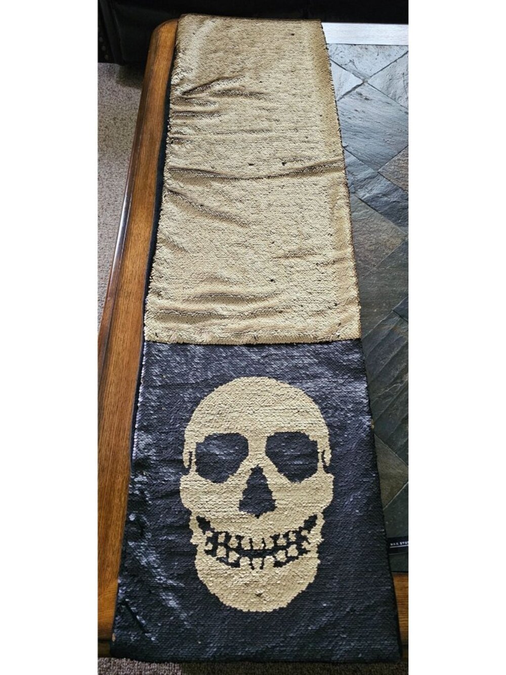 Max Studio Home Reversible Black Gold Skull Sequin Table Runner Halloween Decor